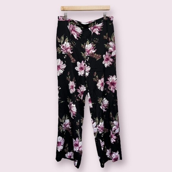 Calvin Klein Floral Satin Pants Black Pink Wide Leg High Rise Womens Size Medium - Picture 1 of 7
